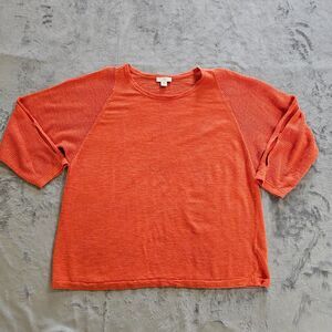 J Jill Top Shirt Womens Medium Petite Orange Linen Blend Open Sleeve Knit Casual